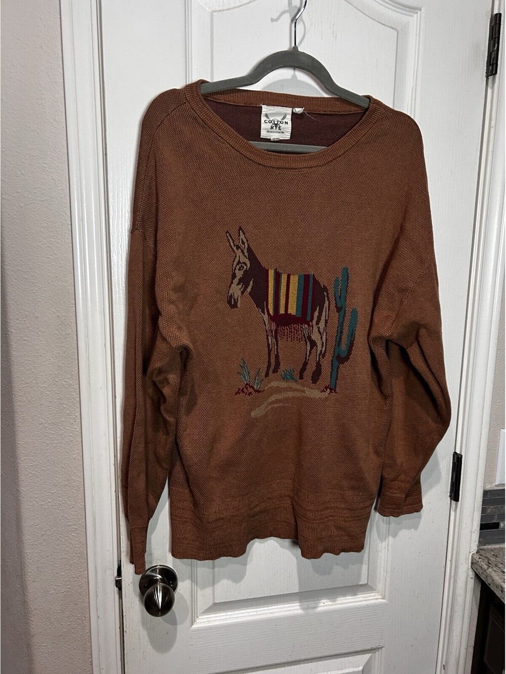 Cotton Rye Outfitters Southwestern Donkey Cactus Knit Sweater Pullover Cowgirl